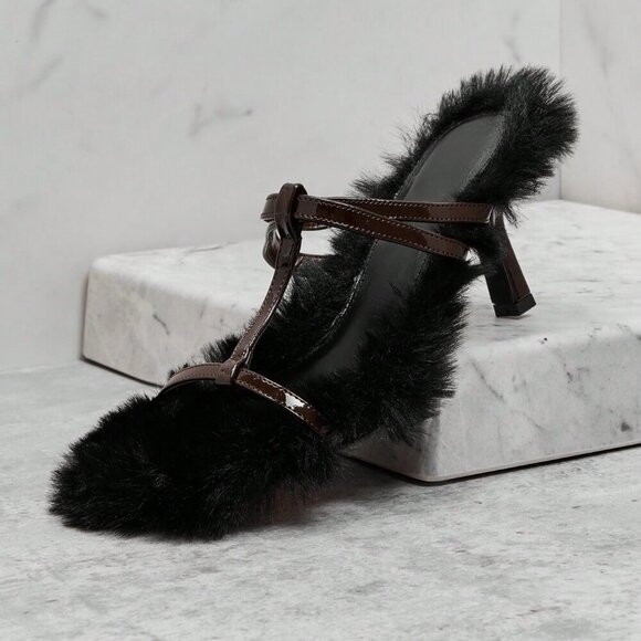 MODA ME COUTURE Shoes - Black Bohemian Women's Versatile Faux Fur Slip-On Heeled Sandals